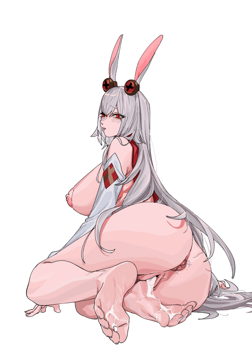 1girl absurdres animal_ears anus ass b9_(rrrqqq) breasts capelet cum cum_in_pussy cum_on_body cum_on_feet detached_sleeves feet from_behind furrowed_brow highres inverted_nipples large_breasts long_hair looking_at_viewer nude original pussy rabbit_ears red_button red_capelet red_eyes sitting sketch solo spread_pussy thighs very_long_hair white_background white_hair