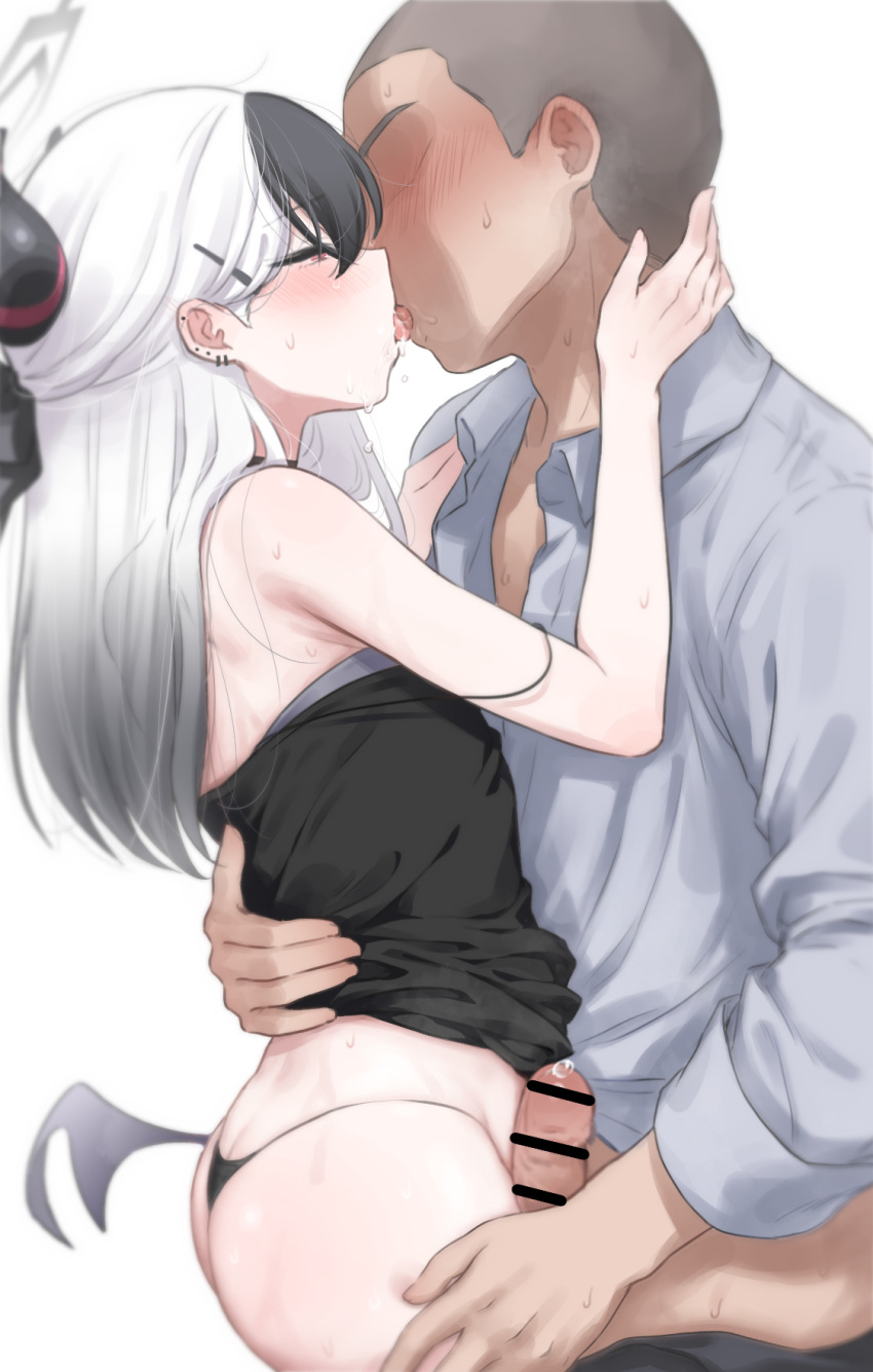 1boy 1girl ass bar_censor black_hair black_horns black_panties blue_archive blush censored ear_piercing erection french_kiss grey_halo grey_shirt halo hetero highres horns kayoko_(blue_archive) kayoko_(dress)_(blue_archive) kiss medium_hair multicolored_hair official_alternate_costume panties penis piercing pingpangpongpang precum red_eyes saliva shirt simple_background single_wing sweat tongue tongue_out two-tone_hair underwear white_background white_hair wings