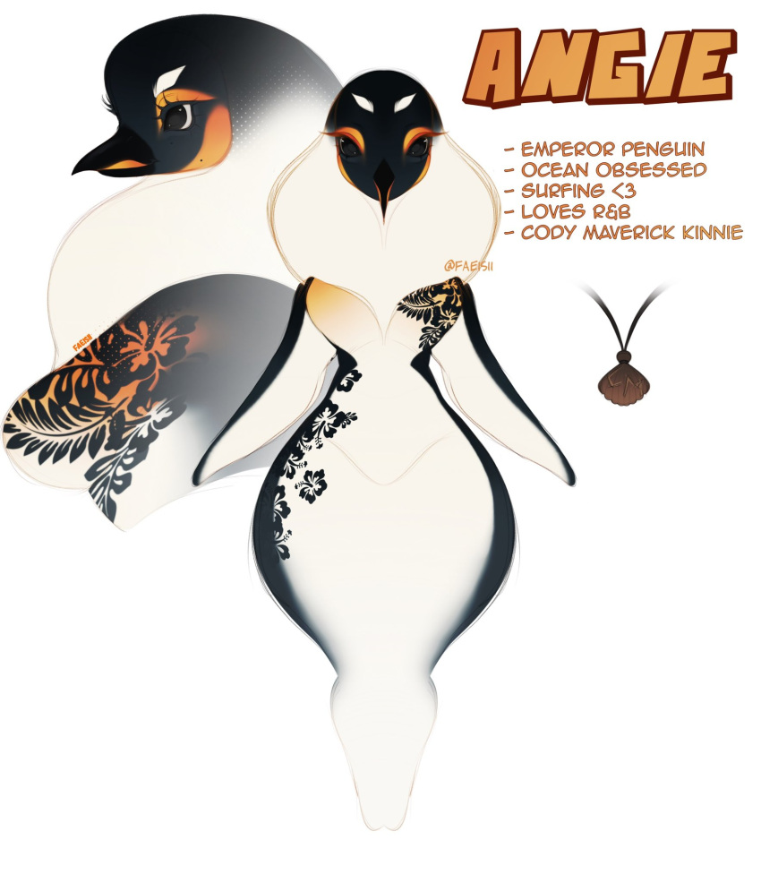 angie_(faeisii) anthro avian beak bird black_body black_feathers clothing curvy_figure emperor_penguin english_text faeisii feather_hair feathers female flippers hair hi_res jewelry long_hair looking_at_viewer model_sheet necklace one-piece_swimsuit penguin pseudo_hair solo standing swimwear text voluptuous white_body white_feathers wide_hips