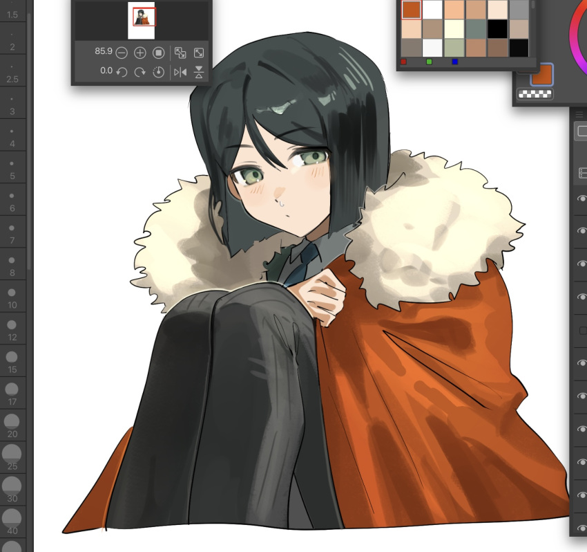 1boy art_program_in_frame black_hair black_pants cape clip_studio_paint clip_studio_paint_(medium) cold collared_shirt cropped_legs fate/zero fate_(series) fur-trimmed_cape fur_trim grey_eyes hair_between_eyes highres looking_at_viewer male_focus necktie orange_cape pants shirt short_hair snot tokoni_fusu waver_velvet