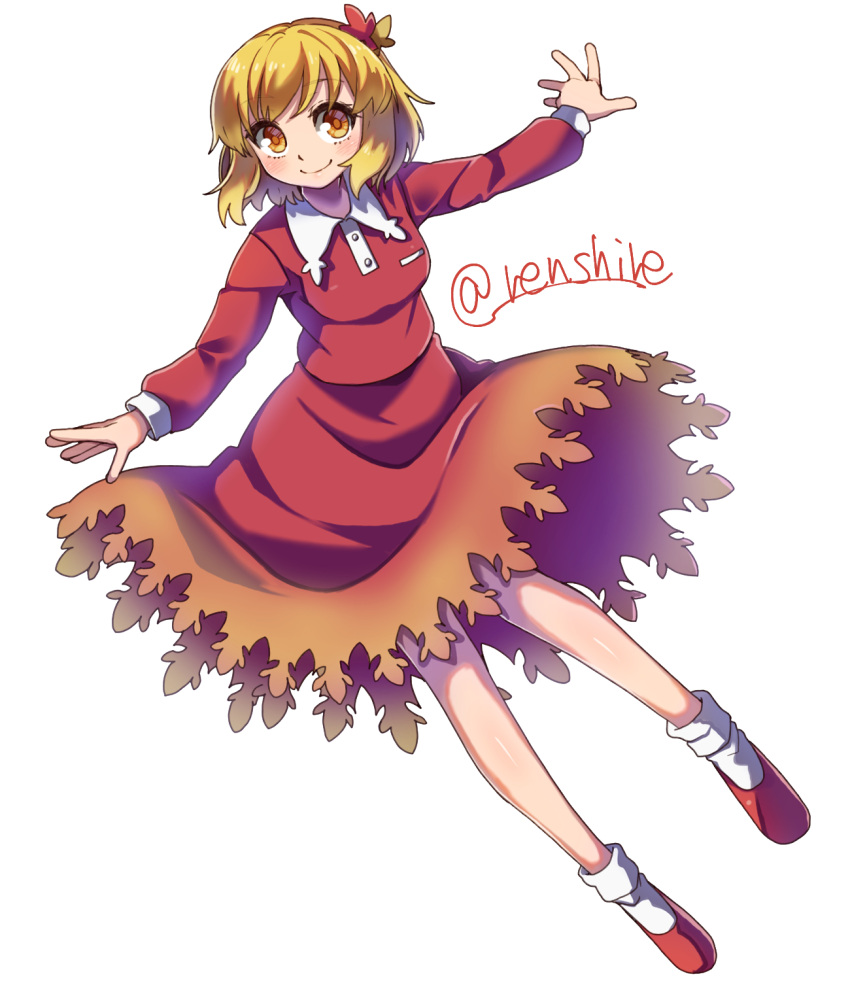 1girl aki_shizuha blonde_hair closed_mouth commentary full_body hair_ornament highres leaf_hair_ornament long_sleeves looking_at_viewer one-hour_drawing_challenge red_footwear red_shirt red_skirt renshirenji shirt simple_background skirt smile socks solo touhou twitter_username white_background white_socks yellow_eyes