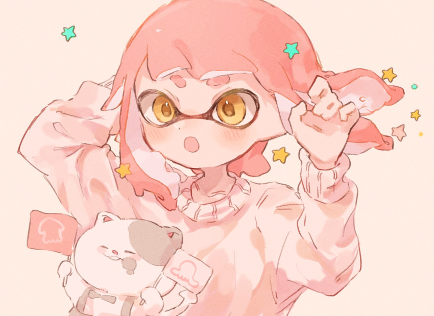 1girl :o arms_up collarbone commentary_request dot_nose highres inkling_girl inkling_player_character li'l_judd_(splatoon) long_hair open_mouth pink_hair pink_sweater simple_background splatoon_(series) star_(symbol) sweater thick_eyebrows white_background yellow_eyes yksb_inc6