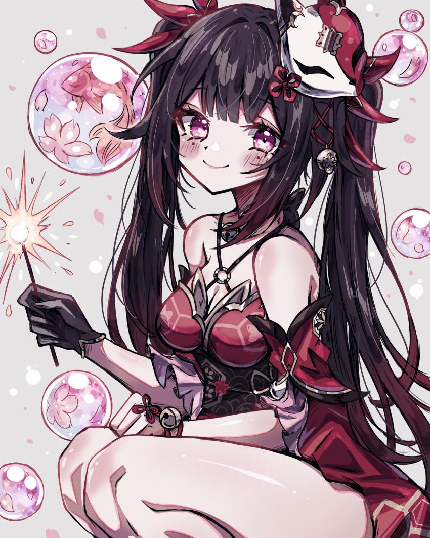 1girl bare_shoulders black_gloves black_hair blush bow bubble closed_mouth commentary criss-cross_halter detached_sleeves dot_nose dress feet_out_of_frame fireworks fox_mask from_side gloves gradient_hair hair_bow hair_intakes halter_dress halterneck highres holding_fireworks honkai:_star_rail honkai_(series) legs_together long_hair looking_at_viewer mask mask_on_head multicolored_hair o-ring pink_eyes red_bow red_dress red_hair red_sleeves short_sleeves sidelocks simple_background single_glove sleeveless sleeveless_dress smile solo sparkle_(honkai:_star_rail) sparkler squatting thighs twintails usa_(usagi_minku) very_long_hair white_background