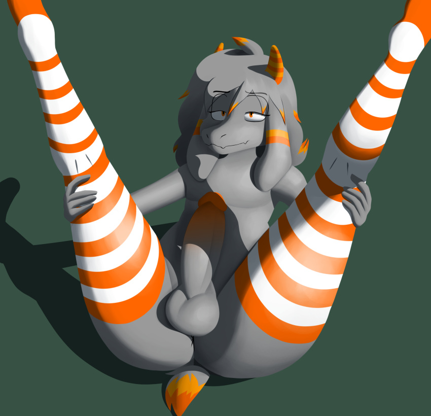 anthro anus balls bovid caprine clothing donya floppy_ears fur genitals glans goat grey_body grey_fur gusta_(gusta) hair hi_res horn legs_up legwear legwear_only male mammal mostly_nude orange_clothing orange_eyes orange_glans orange_horn orange_legwear orange_stripes orange_thigh_highs pattern_clothing pattern_legwear pattern_thigh_highs penis presenting solo striped_clothing striped_legwear striped_thigh_highs stripes thigh_highs thigh_highs_only