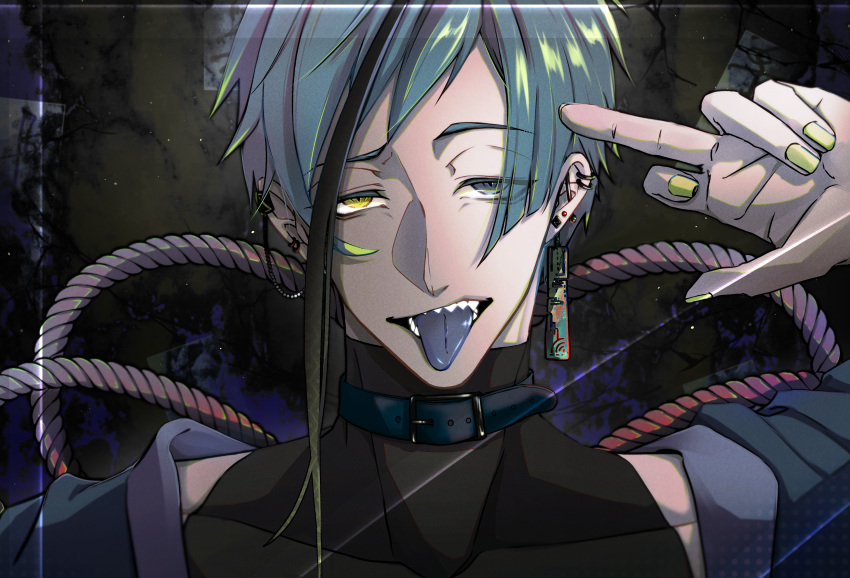 1boy absurdres bishounen black_background black_collar black_jacket black_shirt blue_eyes blue_hair blue_nails blue_tongue collar colored_tongue ear_chain ear_piercing earrings floyd_leech green_hair half-closed_eyes hand_up highres jacket jewelry looking_at_viewer male_focus middle_finger multicolored_hair open_clothes open_jacket open_mouth piercing rope sharp_teeth shirt short_hair skin_tight sleeveless slit_pupils solo streaked_hair teeth tongue tongue_out tuboya111 turtleneck twisted_wonderland upper_body yellow_eyes