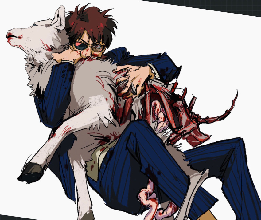 1boy animal_hug black-framed_eyewear blood blood_on_face blue_jacket blue_pants brown_eyes brown_hair dead_animal feet_out_of_frame goat guro highres hyoudou_kazuya intestines jacket kaiji looking_at_viewer male_focus medium_bangs pants partially_opaque_sunglasses ribs short_hair simple_background solo striped_clothes striped_jacket striped_pants sunglasses v-shaped_eyebrows vertical-striped_clothes vertical-striped_pants white_background zvz_(tt82295946)