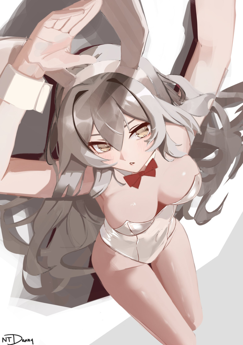 1girl absurdres animal_ears arms_behind_head bare_legs bare_shoulders bow bowtie breasts breasts_apart detached_collar fake_animal_ears feet_out_of_frame from_above grey_eyes grey_hair hair_between_eyes highleg highleg_leotard highres honkai:_star_rail honkai_(series) large_breasts legs_together leotard long_hair looking_at_viewer lying ntdanny on_back playboy_bunny rabbit_ears red_bow red_bowtie sidelocks signature simple_background solo stelle_(honkai:_star_rail) strapless strapless_leotard thigh_gap thighs trailblazer_(honkai:_star_rail) white_background white_leotard white_wrist_cuffs wrist_cuffs