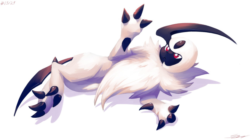 absol bright_pupils claws dated full_body highres likey lying no_humans pokemon pokemon_(creature) red_eyes solo white_background white_fur white_pupils