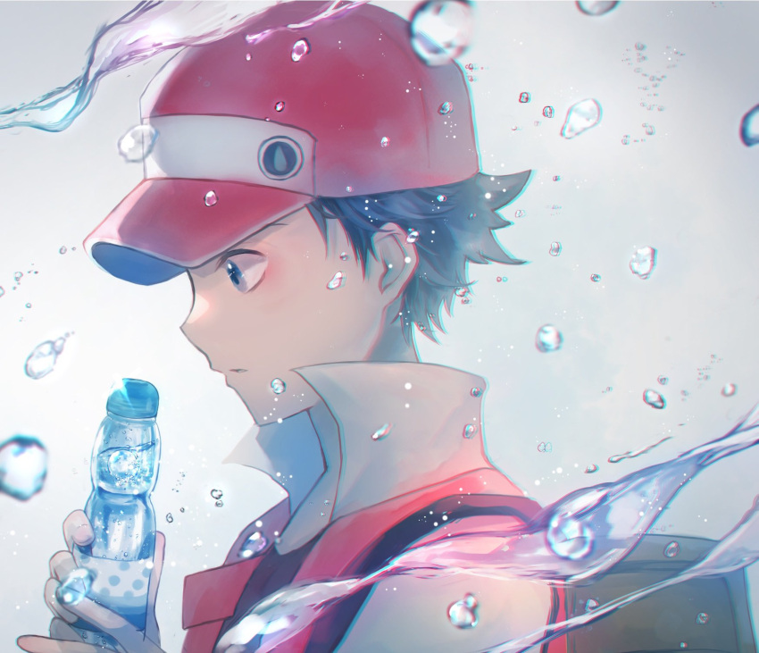 1boy backpack bag black_hair bottle brown_bag commentary from_side grey_eyes hat highres holding holding_bottle jacket looking_down male_focus pokemon pokemon_rgby popped_collar red_(pokemon) red_headwear shirt shiruko_(s1ruko) short_hair solo water_bottle water_drop white_background