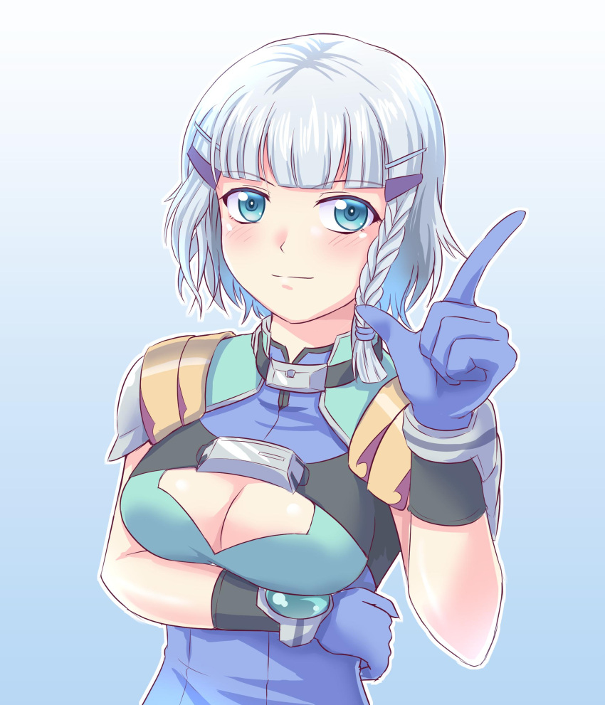 1girl absurdres blue_eyes blush braid breasts cleavage gloves grey_hair hair_ornament hairclip highres huge_breasts large_breasts looking_at_viewer saisyuusensi seolla_schweizer short_hair side_braid solo super_robot_wars super_robot_wars_original_generation