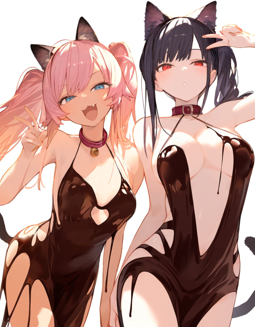 2girls :o ai-assisted animal_ears arms_behind_back arms_up bell black_hair blue_eyes breasts cat_girl chocolate chocolate_dress chocolate_on_body cleavage cleavage_cutout clothing_cutout collar eatsleep1111 food_on_body highres large_breasts multicolored_hair multiple_girls neck_bell nightgown open_mouth original pink_hair red_eyes side_ponytail simple_background smile tail twintails v