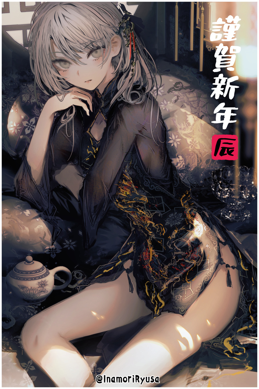 1girl absurdres arm_support black_dress border breasts china_dress chinese_clothes cleavage_cutout clothing_cutout commentary_request dress grey_eyes grey_hair hair_between_eyes highres inaeda_kei looking_at_viewer medium_hair original pillow sideboob sleeves_past_elbows solo teapot translation_request twitter_username white_border