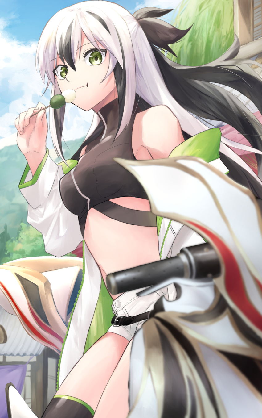 1girl black_hair dango eating fate/grand_order fate_(series) food green_eyes highres jacket long_hair midriff motor_vehicle motorcycle multicolored_hair nagao_kagetora_(fate) noren69025954 sanshoku_dango shorts two-tone_hair uesugi_kenshin_(fate) uesugi_kenshin_(second_ascension)_(fate) wagashi white_hair white_jacket white_shorts