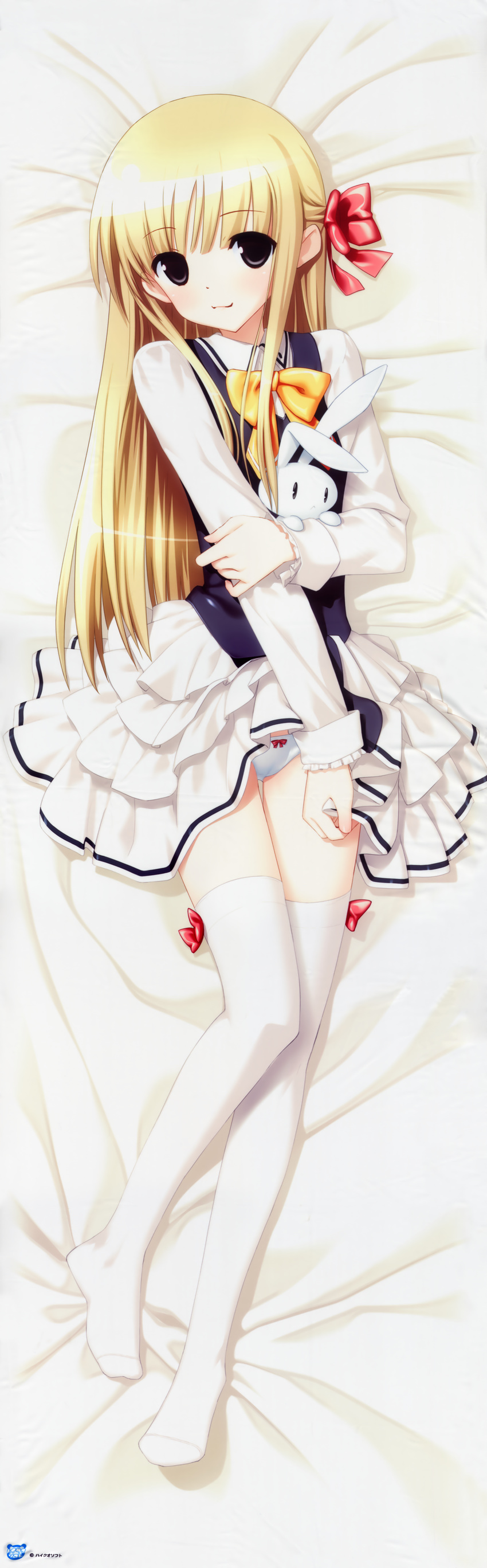 absurdres black_eyes blonde_hair bow bow_panties dakimakura full_body highres hiide holding_arm huge_filesize legs long_hair long_sleeves panties sakura_sakura scan school_uniform skirt skirt_lift solo stuffed_animal stuffed_bunny stuffed_toy thighhighs thumbs_up underwear white_legwear white_panties yoshioka_nanoha