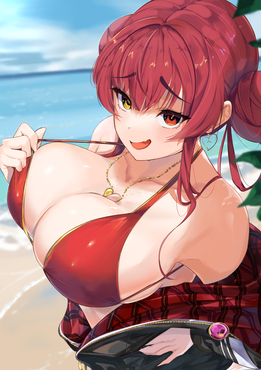 1girl absurdres beach bikini black_jacket blue_sky blush breasts cleavage cloud cobato. double_bun earrings fang gold_earrings gold_necklace hair_bun hand_on_own_hip heart heart_necklace heterochromia highres hololive houshou_marine houshou_marine_(summer) jacket jewelry large_breasts long_hair looking_at_viewer multicolored_clothes multicolored_jacket necklace official_alternate_costume open_mouth red_bikini red_eyes red_hair red_jacket skin_fang sky smile solo swimsuit two-tone_jacket virtual_youtuber water yellow_eyes