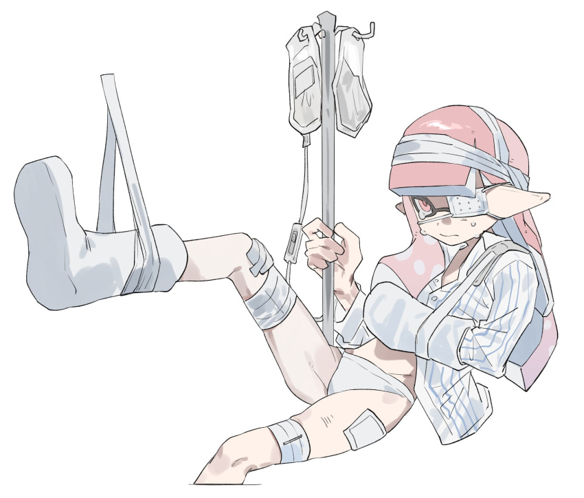 1girl bandages broken_arm broken_leg cast closed_mouth cropped_legs eyepatch highres inkling_girl inkling_player_character intravenous_drip invisible_chair iv_stand kiwi_splatoon long_hair long_pointy_ears medical_eyepatch pink_eyes pink_hair pointy_ears shirt simple_background sitting solo splatoon_(series) tears tentacle_hair white_background white_shirt