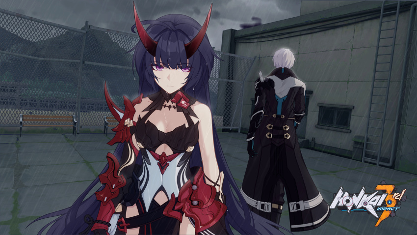 1boy 1girl armor bare_shoulders bench black_coat black_gloves breasts climbing_ladder closed_mouth cloud cloudy_sky coat copyright_name gloves highres honkai_(series) honkai_impact_3rd horns japanese_armor kevin_kaslana logo long_hair mountain official_art outdoors purple_eyes purple_hair raiden_mei raiden_mei_(herrscher_of_thunder) rain second-party_source sidelocks sky standing water_drop wet white_hair