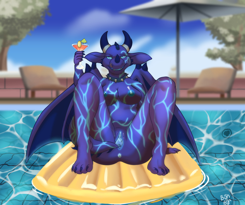 anthro anus beverage big_breasts billiard_table bonbonsart breasts claws clitoris collar detailed_background dragon facial_piercing female floatie furniture genitals hi_res horn horn_jewelry horn_ring inflatable jewelry nose_piercing piercing pool_float pussy ring_(jewelry) sky smile solo spiked_collar spikes spread_legs spread_pussy spreading swimming_pool table tail toe_claws water wings