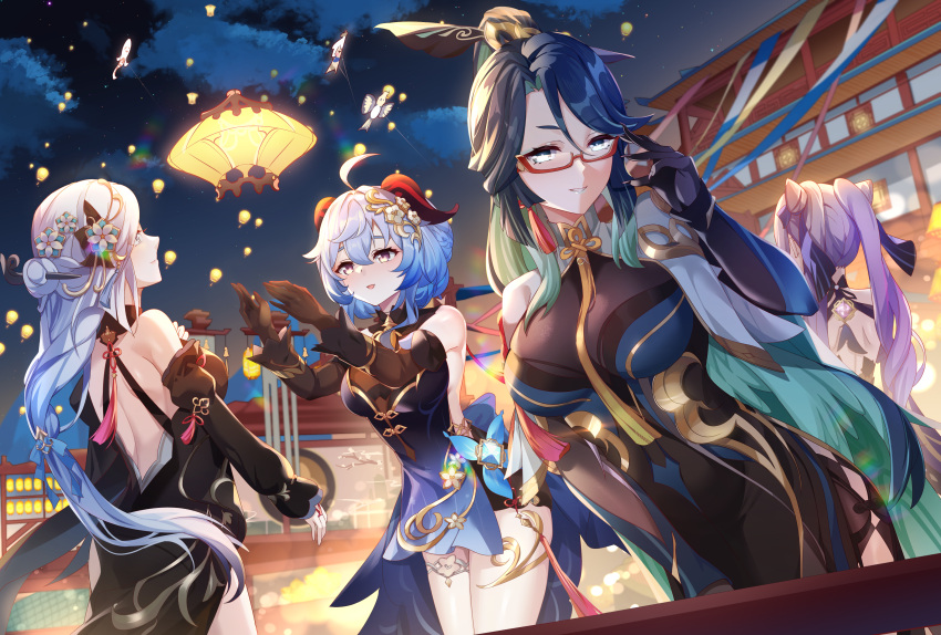 4girls absurdres ahoge aqua_hair backless_dress backless_outfit bare_back bare_shoulders black_dress blue_dress blue_hair boo_tao_(genshin_impact) commentary_request cone_hair_bun cowboy_shot dress ganyu_(genshin_impact) genshin_impact glasses hair_bun highres horns keqing_(genshin_impact) kite lingshalan long_hair multiple_girls night night_sky outdoors paimon_(genshin_impact) parted_lips purple_eyes purple_hair red-framed_eyewear shenhe_(genshin_impact) short_hair sky smile standing thighs twintails very_long_hair white_hair xianyun_(genshin_impact)