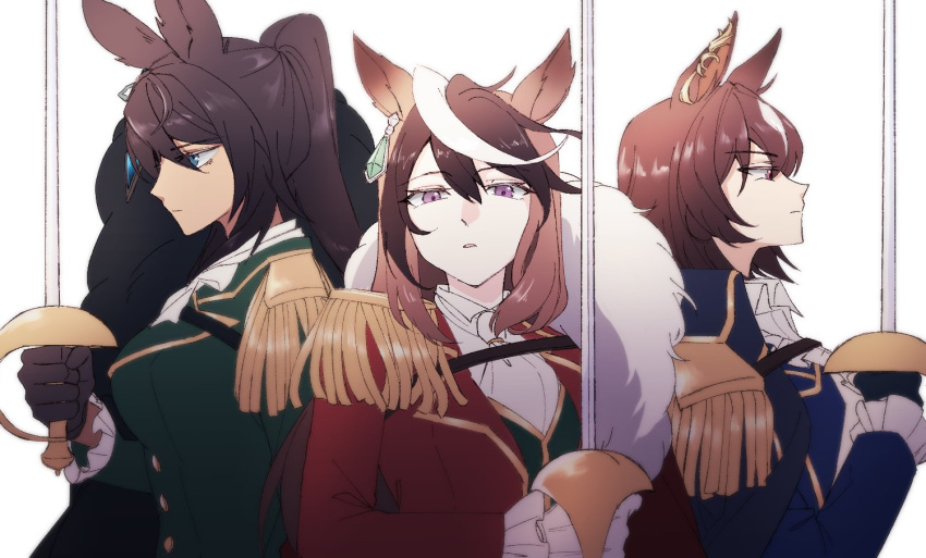 3girls animal_ears black_gloves black_hair blue_eyes blue_jacket blue_vest breasts brown_hair closed_mouth earrings epaulettes feather_boa gloves green_jacket green_vest hand_up holding holding_sword holding_weapon horse_ears jacket jewelry korean_commentary long_hair looking_at_viewer multicolored_hair multiple_girls neckerchief parted_lips ponytail purple_eyes rapier red_eyes red_jacket shirt simple_background single_earring sirius_symboli_(umamusume) small_breasts streaked_hair sword symboli_kris_s_(umamusume) symboli_rudolf_(umamusume) taisaaa umamusume upper_body vest weapon white_background white_gloves white_neckerchief white_shirt