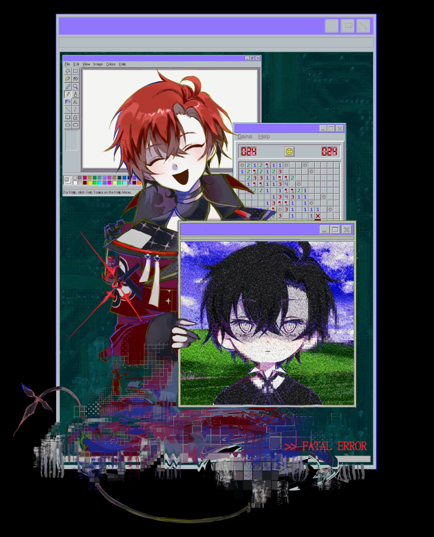 1boy absurdres black_background black_hair closed_eyes error_message glitch hair_between_eyes highres holding holostars holostars_english jacket looking_at_viewer machina_x_flayon male_focus mechanical_tail microsoft_paint_(software) minesweeper nonsensemanna open_mouth pale_skin pixelated portrait red_hair red_jacket short_hair tail virtual_youtuber window_(computing)
