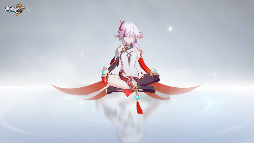 1girl bare_shoulders boots china_dress chinese_clothes closed_eyes closed_mouth copyright_name dress elbow_gloves fu_hua fu_hua_(phoenix) full_body gloves gradient_hair hair_between_eyes hair_ornament hands_on_own_knees highres honkai_(series) honkai_impact_3rd indian_style logo long_hair meditation multicolored_hair official_art red_hair second-party_source simple_background single_thigh_boot single_thighhigh sitting solo tassel thigh_boots thighhighs white_hair