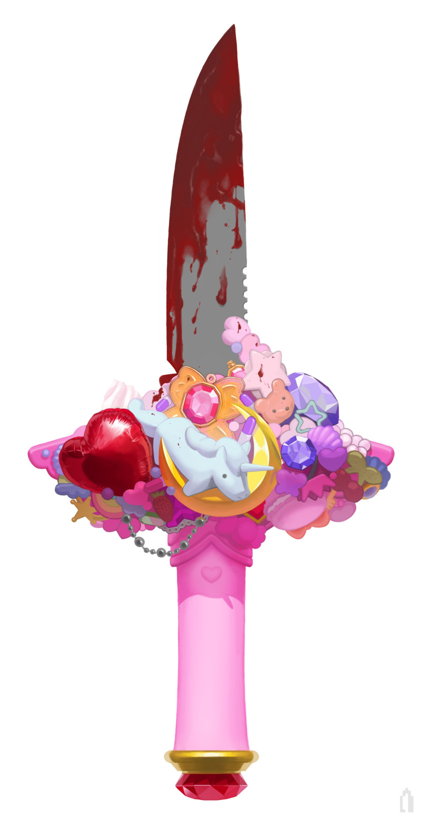 absurdres balloon blood blood_on_knife gem heart_balloon highres iren_krkt knife no_humans original simple_background star_(symbol) stuffed_unicorn white_background