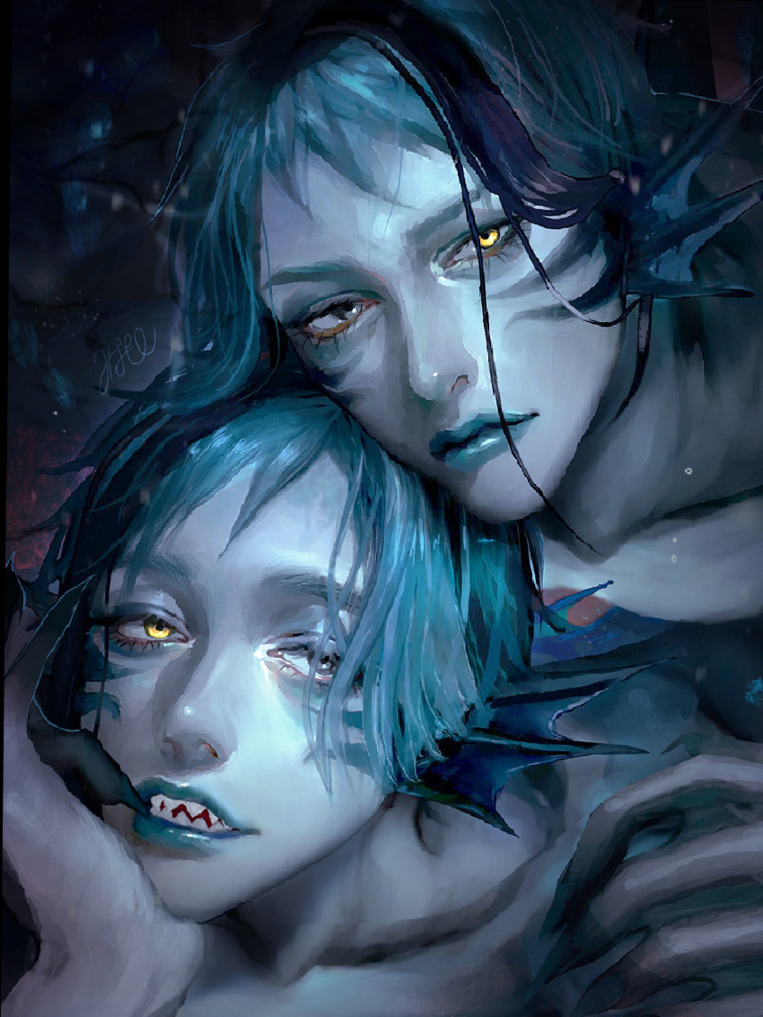 2boys alternate_form artist_name black_eyes blue_hair blue_lips blue_skin body_markings claws closed_mouth colored_skin eel_boy fins floyd_leech hand_on_own_face head_fins head_rest highres jade_leech looking_at_viewer male_focus minamoto_(tomonami_66) monster_boy multicolored_hair multiple_boys sharp_teeth short_hair streaked_hair teeth twisted_wonderland underwater upper_body webbed_hands yellow_eyes