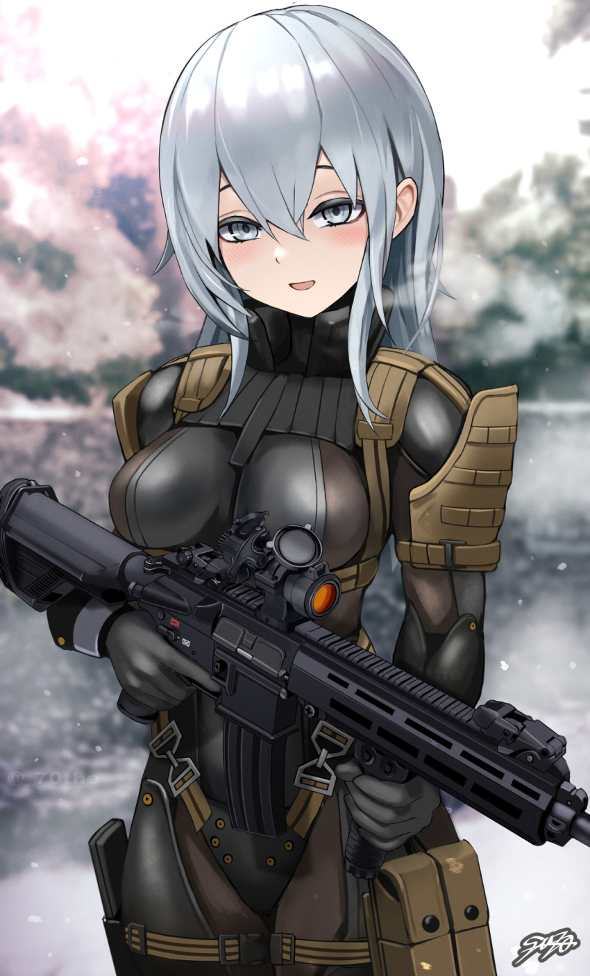 1girl assault_rifle bodysuit breasts commentary_request commission frogs_(metal_gear) grey_eyes grey_hair gun h&amp;k_hk416 highres holding holding_gun holding_weapon looking_at_viewer medium_breasts metal_gear_(series) metal_gear_solid metal_gear_solid_4:_guns_of_the_patriots original rifle signature skeb_commission solo standing sunao_(70_the) thigh_pouch weapon