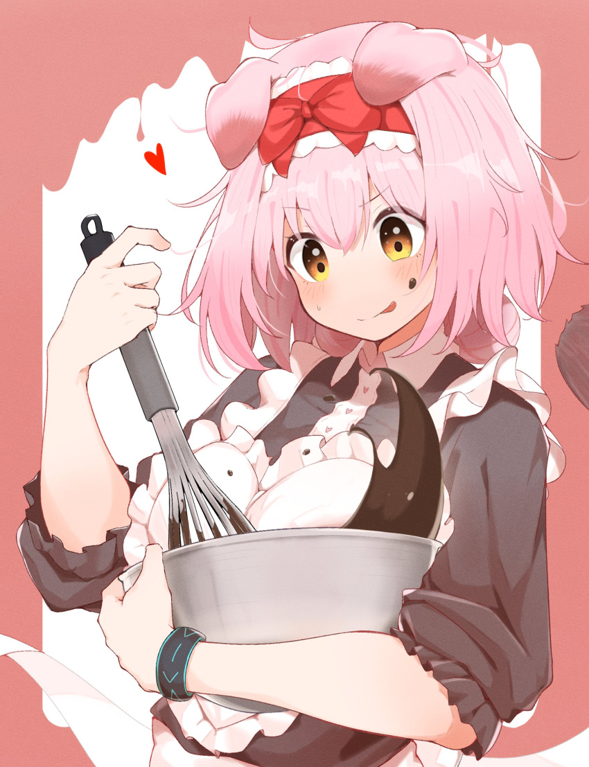 1girl :q absurdres animal_ears arknights black_shirt blush bowl cat_ears cat_girl chocolate chocolate_on_face closed_mouth collared_shirt food food_on_face goldenglow_(arknights) hair_between_eyes heart highres holding holding_bowl holding_whisk infection_monitor_(arknights) long_sleeves looking_down medium_hair orange_eyes pcaccount13 pink_hair shirt sidelocks smile solo tongue tongue_out upper_body v-shaped_eyebrows whisk whisking