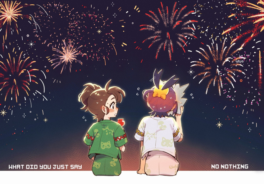 1boy 1girl blush blush_visible_through_hair brown_hair candy_apple commentary_request embarrassed fireworks flying_sweatdrops food from_behind green_shirt green_shorts hetero highres juliana_(pokemon) kieran_(pokemon) looking_at_another mask nai_gai_hongcha night outdoors pokemon pokemon_sv shirt short_sleeves shorts sitting sky sweat white_shirt white_shorts