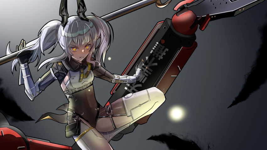 1girl black_bodysuit bodysuit breasts closed_mouth covered_navel grey_bodysuit grey_hair headgear highres holding holding_polearm holding_weapon huge_weapon karenina:_scire_(punishing:_gray_raven) karenina_(punishing:_gray_raven) mechanical_arms mechanical_legs orange_eyes polearm punishing:_gray_raven sidelocks small_breasts solo twintails weapon yuchi_(pixiv37424736)