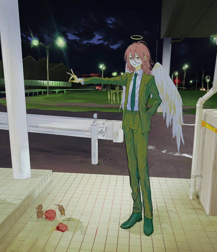 1boy androgynous angel_devil_(chainsaw_man) angel_wings brown_eyes brown_hair building chainsaw_man cloud cloudy_sky collared_shirt expressionless fox_shadow_puppet full_body green_footwear green_jacket green_necktie green_pants green_suit hair_between_eyes halo hand_in_pocket highres industrial_pipe jacket lamppost loafers long_sleeves male_focus medium_hair mouse necktie night night_sky open_mouth outdoors outstretched_arm pants road scenery shirt shirt_tucked_in shoes skkc_128 sky solo standing street suit tile_floor tiles town white_shirt white_wings wings