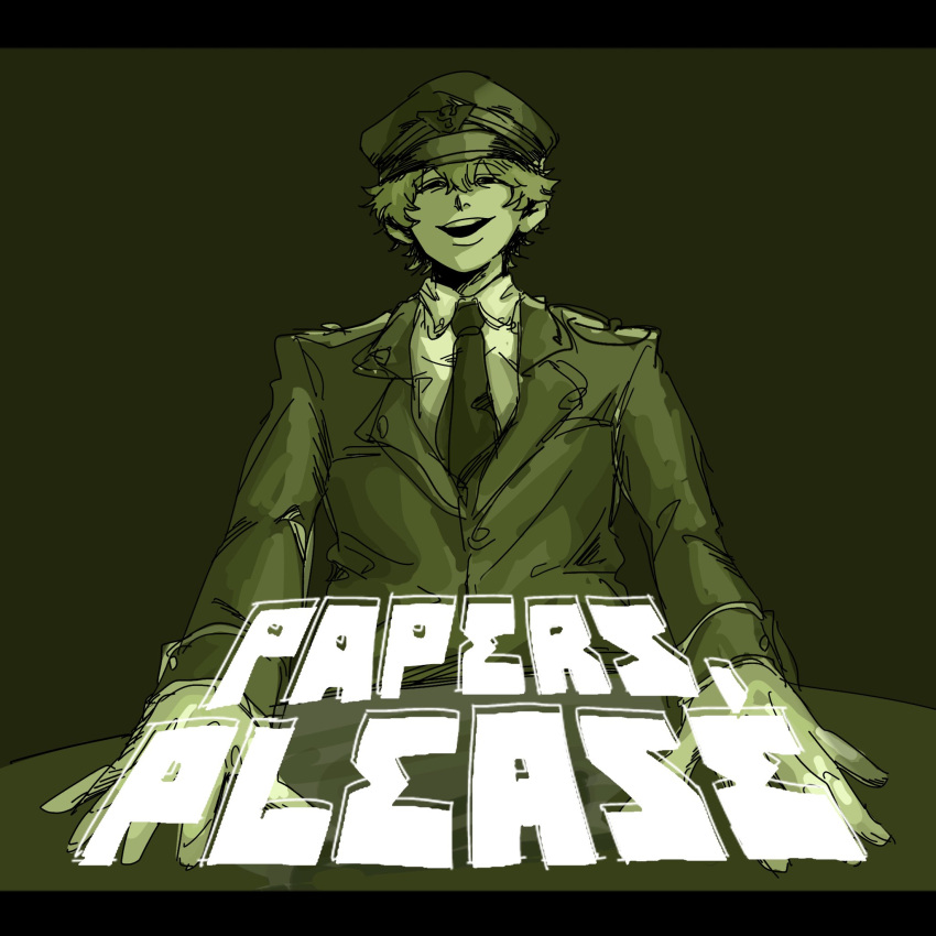 1boy alternate_costume gloves green_theme half-closed_eyes hands_on_table hat highres jack-o'_ran-tan jacket letterboxed long_sleeves looking_at_viewer male_focus military_uniform monochrome myon_(rjurnk) napoli_no_otokotachi necktie outstretched_arms papers_please peaked_cap short_hair shoulder_boards simple_background smile solo suit_jacket uniform upper_body