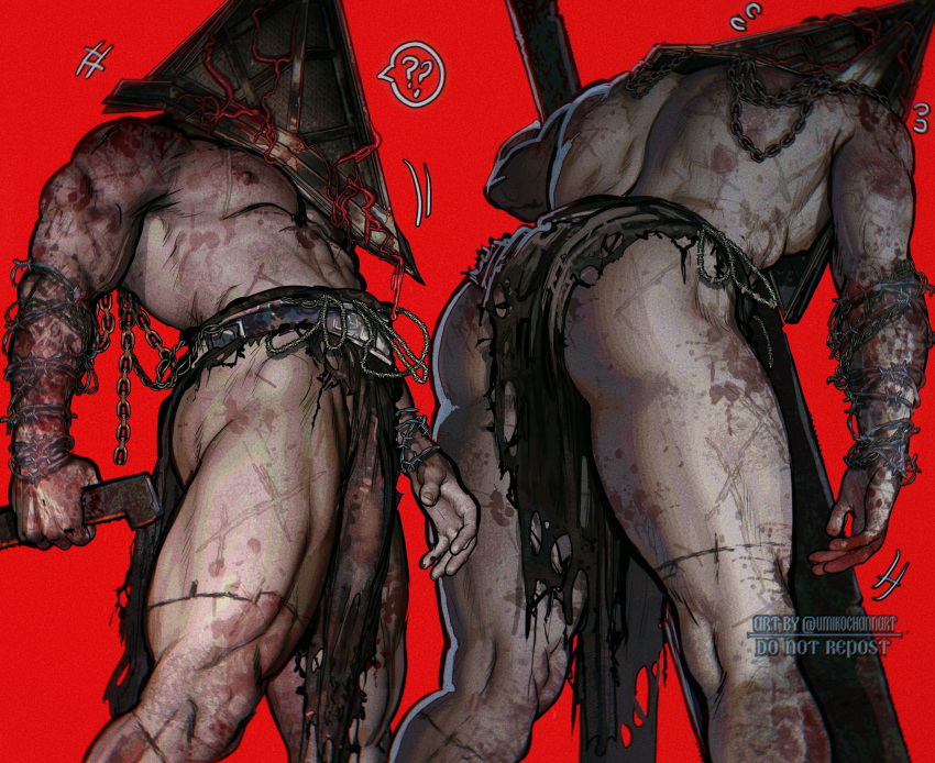 1boy abs artist_name ass bara belt blood blood_on_body blood_on_clothes chain covered_face feet_out_of_frame highres holding holding_sword holding_weapon huge_ass loincloth male_focus manly mask mature_male muscular muscular_male nipples pectorals pyramid_head red_background silent_hill_(series) silent_hill_2 simple_background solo sword thick_arms thick_thighs thighs twitter_username umikochannart weapon