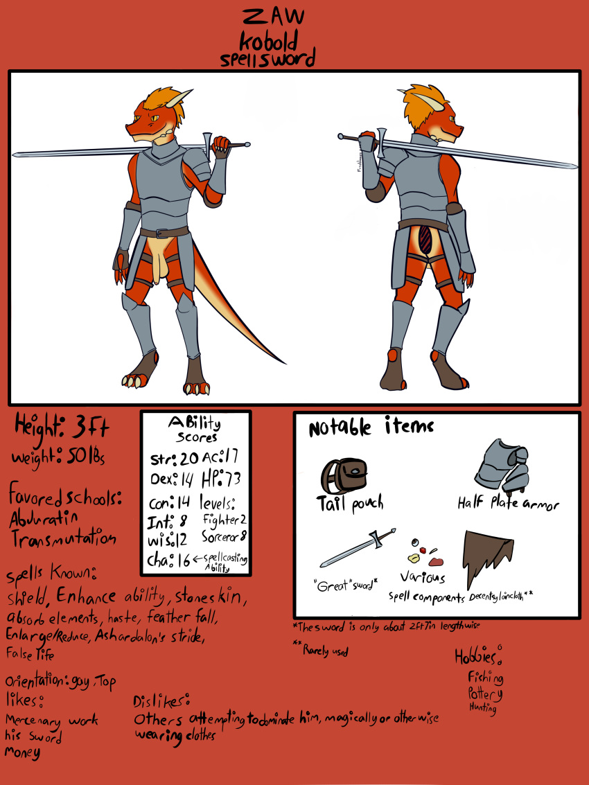 3:4 absurd_res anthro armor breastplate clothing fyreblazes gauntlets genitals gloves greaves handwear hi_res horn kobold male melee_weapon model_sheet orange_eyes pauldron red_body scalie solo sword tail weapon zaw(fyreblazes)