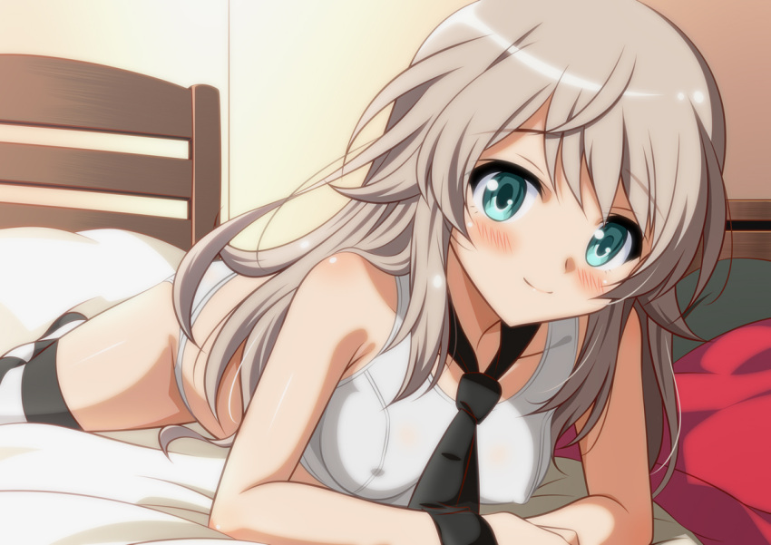 1girl bed black_necktie blonde_hair blue_eyes blush breasts closed_mouth indoors isa_(ni-iro) long_hair looking_at_viewer luminous_witches lying necktie on_bed on_stomach panties small_breasts smile solo sports_bra striped_clothes striped_thighhighs thighhighs underwear virginia_robertson white_panties white_sports_bra world_witches_series