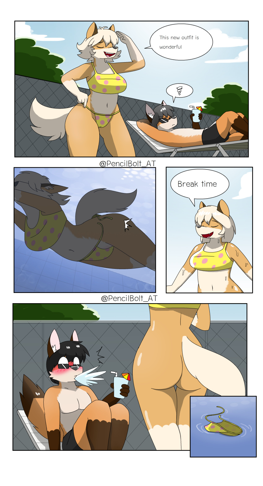 absurd_res anthro ass_up blush blush_lines butt canid canine clothed clothing comic female fox hi_res male mammal pencil_bolt solo swimming_pool swimwear