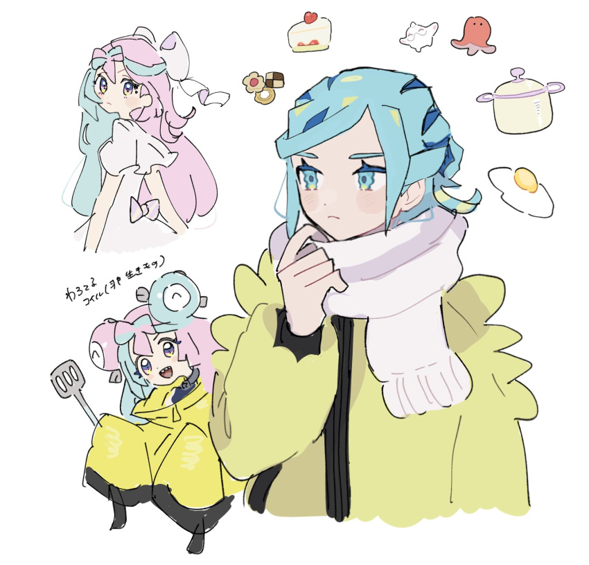 1boy 1girl :d aqua_hair biscuit_(bread) blush bow-shaped_hair character_hair_ornament closed_mouth eneko_(olavcnkrpucl16a) fried_egg grusha_(pokemon) hair_ornament hand_up highres iono_(pokemon) jacket long_hair long_sleeves multicolored_hair multiple_views open_mouth pink_hair pokemon pokemon_sv scarf smile spatula two-tone_hair white_background white_scarf yellow_jacket