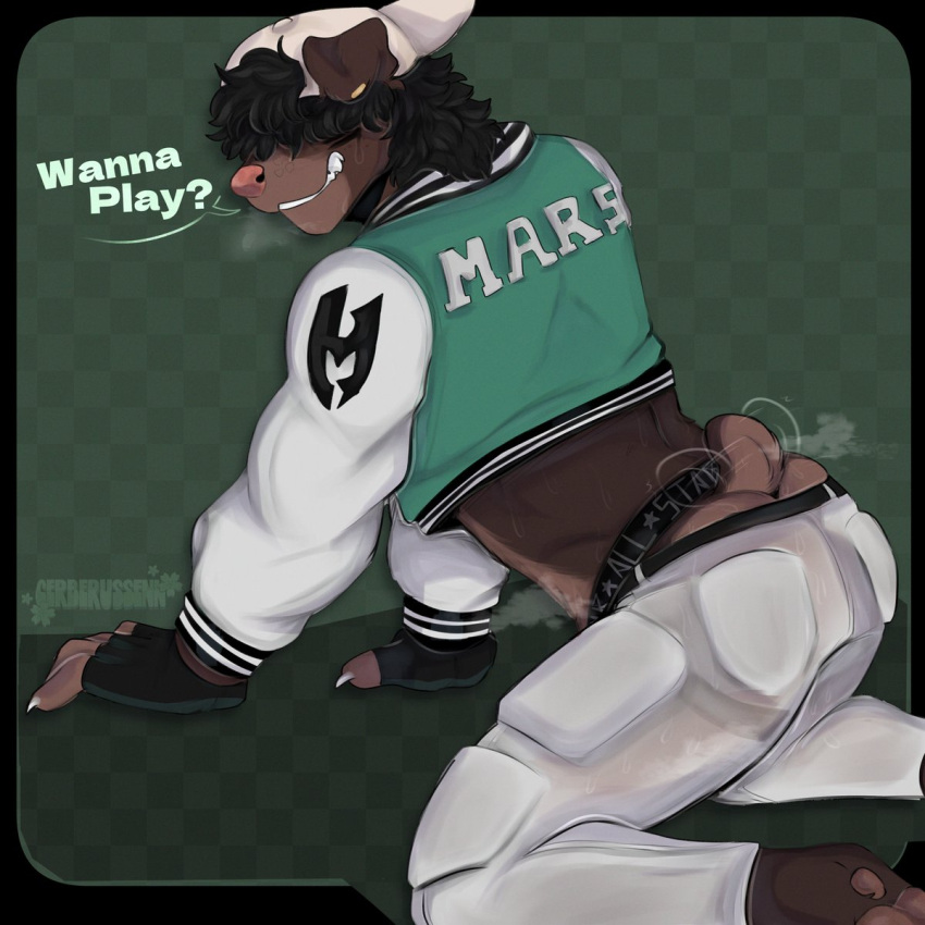 anthro arched_back backwards_baseball_cap backwards_hat baseball_cap black_hair bodily_fluids brown_body brown_fur butt canid canine canis cerberussenn checkered_background claws clothing countershading cropped_jacket docked_tail domestic_dog ear_clip ear_piercing english_text fangs fingerless_gloves football_pants football_player fur gloves green_background hair hair_over_eyes handwear hat headgear headwear hi_res jacket jock jockstrap letterman_jacket male mammal marshall_(marshyypoo) muscular muscular_male musk musk_clouds nub_tail pattern_background paws piercing pink_nose pit_bull presenting presenting_hindquarters short_tail simple_background smile solo sweat tail tail_motion tailwag teeth text topwear translucent translucent_clothing underwear
