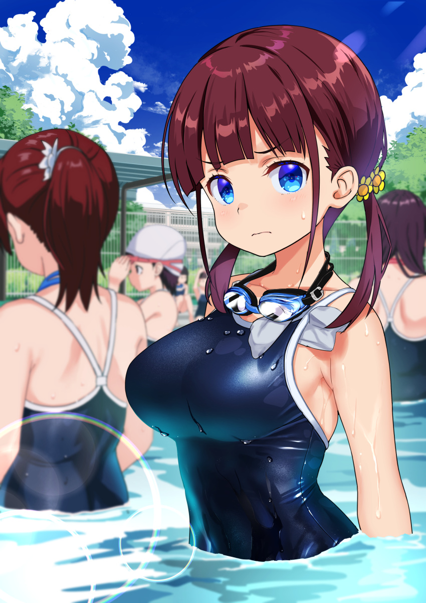 bare_shoulders blue_eyes blurry blurry_background blush breasts closed_mouth cloud cloudy_sky competition_school_swimsuit day flower goggles goggles_around_neck hair_flower hair_ornament highres hiyori_(wakana_hanabi) large_breasts long_hair looking_at_viewer low_twintails multiple_girls original outdoors partially_submerged pool school_swimsuit sky solo_focus sunflower sunflower_hair_ornament swimsuit twintails unworn_goggles unworn_swim_cap wakana_hanabi wet