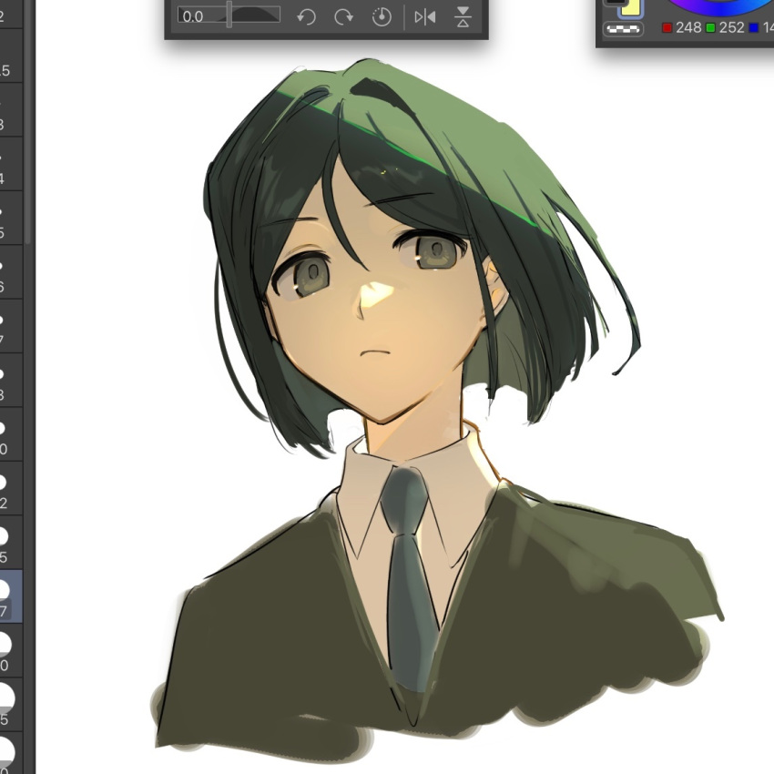 1boy art_program_in_frame clip_studio_paint clip_studio_paint_(medium) closed_mouth collared_shirt cropped_shoulders fate/zero fate_(series) green_hair grey_eyes grey_sweater hair_between_eyes looking_at_viewer male_focus necktie shirt short_hair sidelighting solo sweater tokoni_fusu waver_velvet white_background