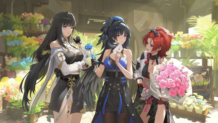3girls arm_strap bailian_(wuthering_waves) bare_shoulders black_dress black_eyes black_gloves black_hair blue_eyes blue_headwear blurry bouquet breasts brown_pantyhose chixia_(wuthering_waves) cleavage cleavage_cutout clothing_cutout crop_top depth_of_field detached_sleeves dress flower gloves hat highres holding holding_bouquet large_breasts leaning_forward long_hair long_sleeves looking_at_another looking_at_viewer love_letter midriff mole mole_under_eye multicolored_hair multiple_girls pantyhose partially_fingerless_gloves pink_flower red_eyes red_hair rose side_slit single_glove sleeveless sleeveless_dress smile standing streaked_hair tassel thighs ttk_(kirinottk) very_long_hair waist_cape wuthering_waves yangyang_(wuthering_waves)