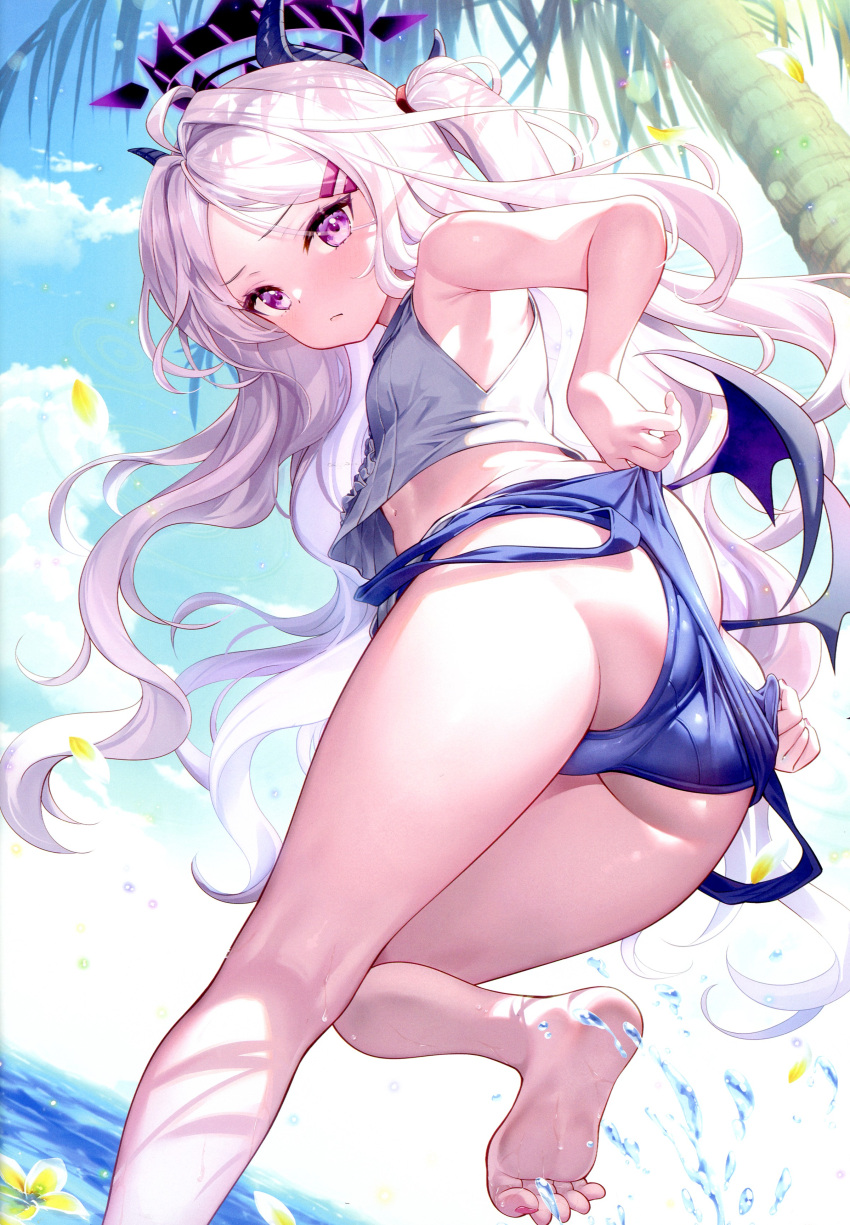 1girl absurdres ass bare_shoulders barefoot blue_archive blue_sky blush breasts closed_mouth cloud cloudy_sky day feet flower foot_out_of_frame from_behind fujima_takuya highres hina_(blue_archive) kneepits leg_up legs long_hair looking_at_viewer looking_back low_wings mini_wings nail_polish ocean outdoors palm_leaf palm_tree petals pink_hair purple_eyes scan sky sleeveless small_breasts soles solo swimsuit tank_top thighs toe_scrunch toenail_polish toenails toes tree water water_drop wings
