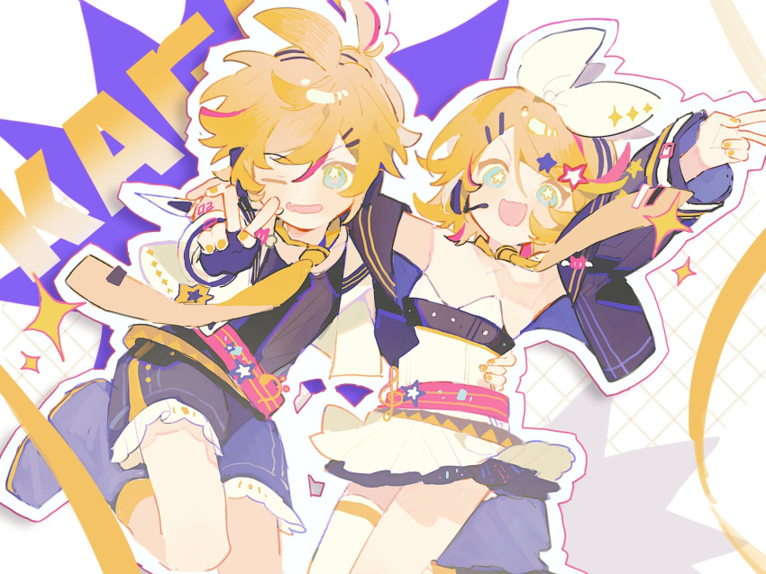 1boy 1girl ahoge alternate_costume black_footwear black_jacket black_shirt black_shorts blonde_hair blue_eyes bow commentary dress fang fingerless_gloves gloves hair_bow hair_ornament hairclip hand_around_waist headphones highres jacket kagamine_len kagamine_rin looking_at_viewer messy_hair multicolored_hair muse_dash naraiaran necktie one_eye_closed open_mouth outline pink_hair pink_outline shirt short_hair shorts siblings skin_fang smile star-shaped_pupils star_(symbol) star_hair_ornament streaked_hair symbol-only_commentary symbol-shaped_pupils tie_clip twins v vocaloid white_bow white_dress white_jacket white_outline yellow_nails yellow_necktie