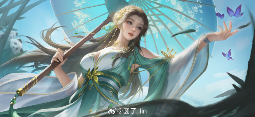 1girl baiguio_(zhu_xian) blue_sky bracelet brown_hair bug butterfly clothing_cutout facial_mark forehead_mark from_below grass hair_ornament highres holding holding_umbrella jewelry long_hair long_sleeves necklace panda shoulder_cutout sky solo umbrella upper_body yuanzi_lin zhu_xian