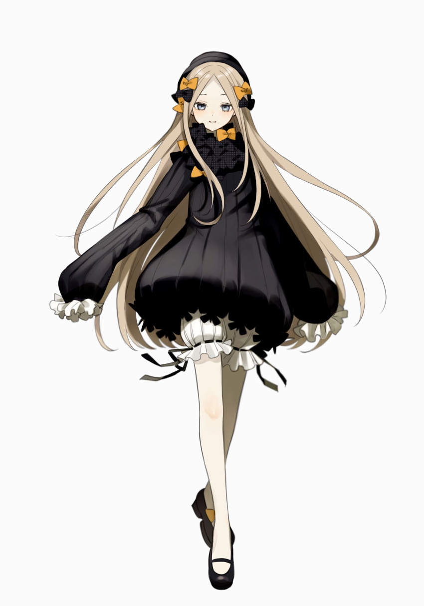 1girl abigail_williams_(fate) black_bow black_dress black_footwear black_headwear black_ribbon blonde_hair bloomers blue_eyes bow crossed_legs dress fate/grand_order fate_(series) footwear_bow frilled_sleeves frills full_body grin hair_bow hat highres light_blush long_hair looking_at_viewer mary_janes multiple_hair_bows orange_bow parted_bangs parted_lips polka_dot polka_dot_bow ribbon ribbon-trimmed_bloomers ribbon_trim shoes simple_background sleeves_past_fingers sleeves_past_wrists smile solo standing sumi_(gfgf_045) very_long_hair white_background white_bloomers
