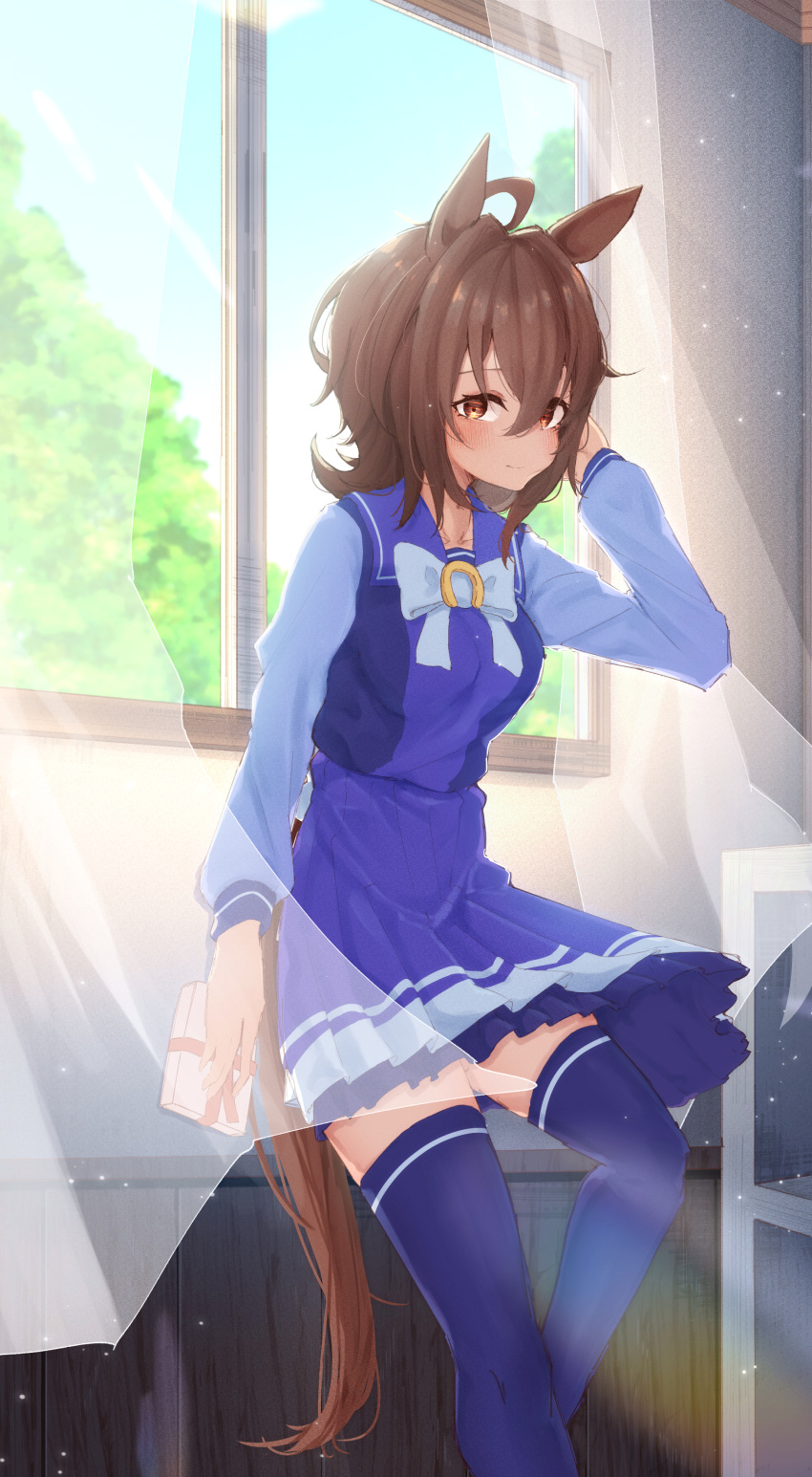 1girl absurdres agnes_tachyon_(umamusume) ahoge animal_ears bow brown_hair chemical_structure curtains earrings feet_out_of_frame gorioshi0802 highres horse_ears horse_girl horse_tail indoors jewelry leaning lens_flare long_sleeves messy_hair pleated_skirt purple_serafuku purple_shirt purple_skirt purple_thighhighs red_eyes sailor_collar school school_uniform serafuku shirt short_hair single_earring skirt solo tail thighhighs tracen_school_uniform umamusume white_bow winter_uniform