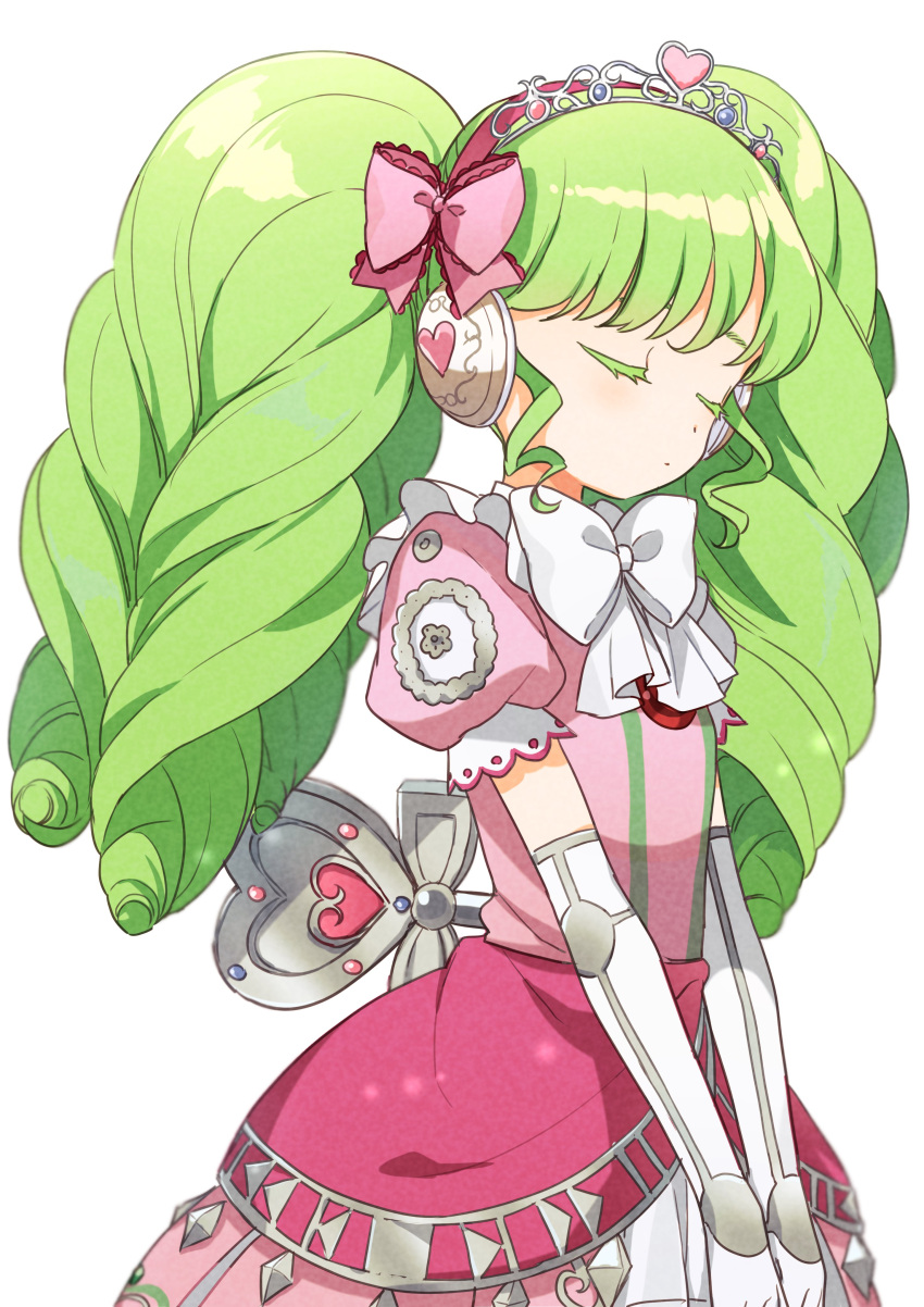 1girl absurdres bow buchi_(y0u0ri_) closed_eyes closed_mouth cowboy_shot dress elbow_gloves expressionless falulu gloves green_hair hair_bow headphones highres idol_clothes long_hair pink_bow pink_dress pretty_series pripara puffy_short_sleeves puffy_sleeves short_sleeves sidelocks simple_background solo standing tiara twintails white_background white_bow white_gloves winding_key