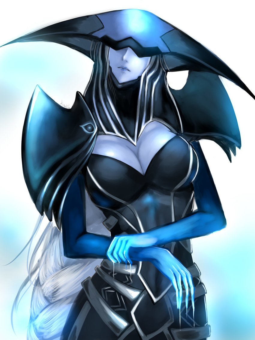 absurdres armor blue_lipstick blue_skin braid breasts cleavage cleavage_cutout covered_eyes helmet helmet_over_eyes highres kumiko_shiba large_breasts league_of_legends lips lipstick lissandra long_hair makeup pauldrons single_braid solo very_long_hair white_hair